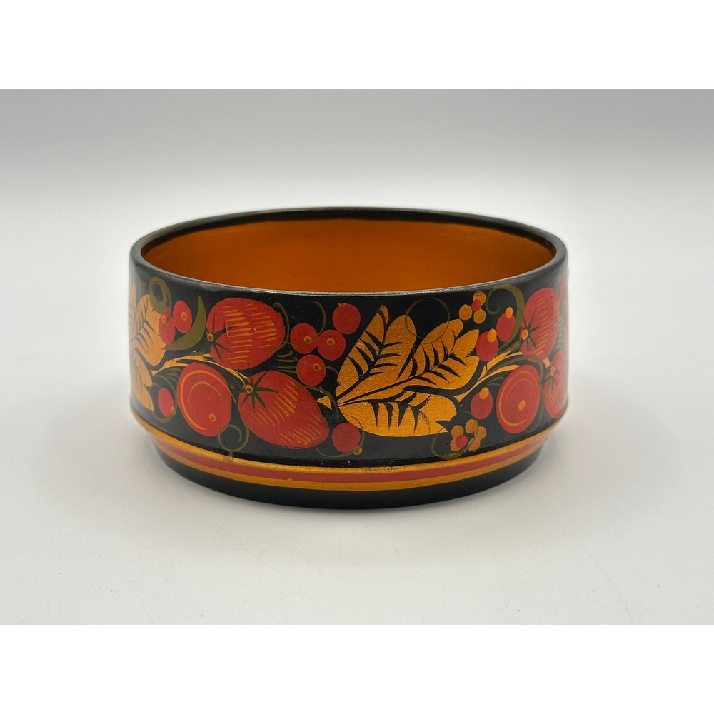 Vintage Khokhloma Wooden Bowl Hand Painted Strawberry Folk Art Black Gold